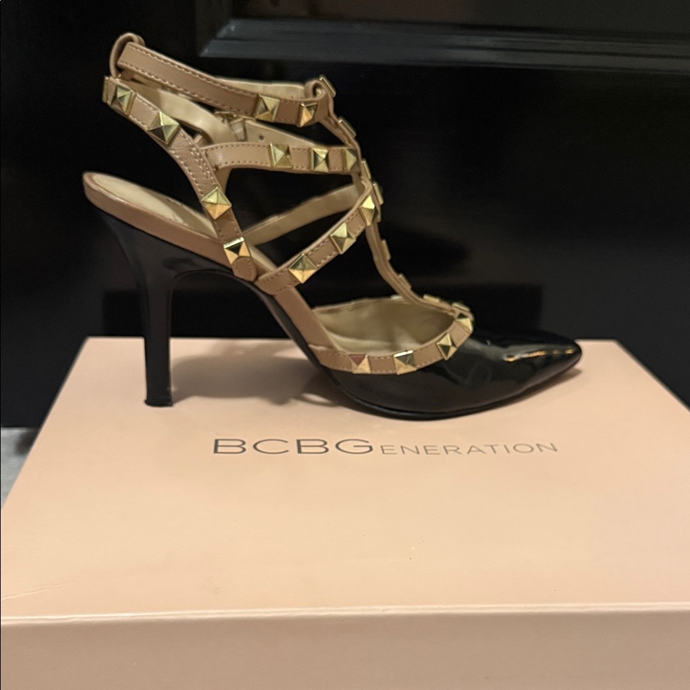 BCBGeneration Black and Tan Heels with Gold Accents